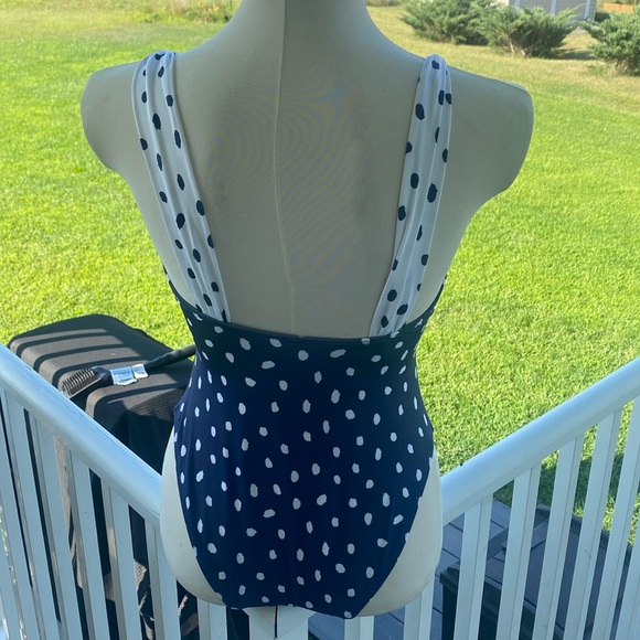 ASOS DESIGN loop front swimsuit with knot in navy polka dot spot medium NWOT - Picture 3 of 9